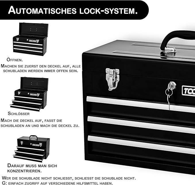 20.3¡° Metal Tool Box with Drawers Portable Steel Tool Box with Protective Liner and Latch Closure and Lock for Garage, Home and Warehouse (Black-3 Drawers)
