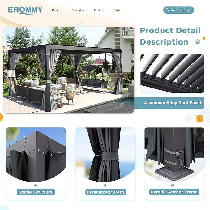 EROMMY Louvered Pergola 10' x 12', Outdoor Aluminum Pergola with Adjustable Rainproof Roof for Garden, Patio, Deck, Waterproof Curtains and Netting Included, Gray-Black