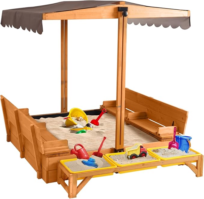 GUTINNEEN Wooden Kids Sandbox with Cover Sandbox with Lid Outdoor Sand Boxes with 3 Toy Bins
