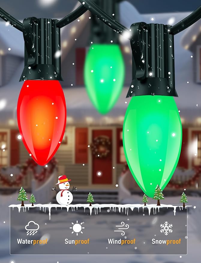 25Ft C9 LED Christmas Lights Outdoor, C9 Red and Green Christmas String Lights with 26 LED Shatterproof Bulb, Hanging Vintage Christmas Lights for Patio Xmas Tree Roofline Wedding Party Backyard Decor