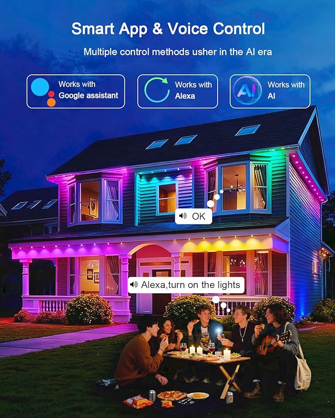 Permanent Outdoor Lights - 100FT Smart AI RGB+IC LED with 72 Lights, IP67 Waterproof, 75+ Scene Modes, Alexa/Google/Remote Control Enabled, DIY Music Sync for Christmas, Holiday & Home Decor, White