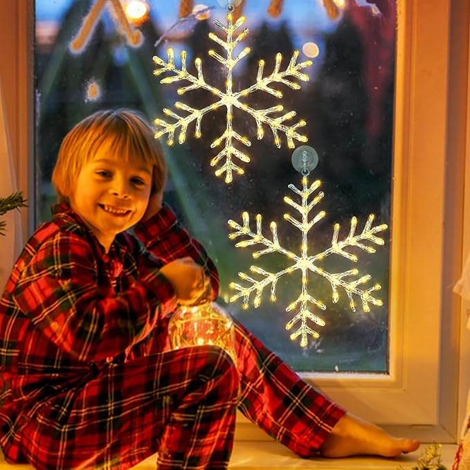 Christmas Decorations, 2 Pack Christmas Window Lights Snowflake Decorations, Snowflake Lights with 8 Lighting Modes for Holiday Indoor and Outdoor Wall Door Glass Decoration(Warm White)