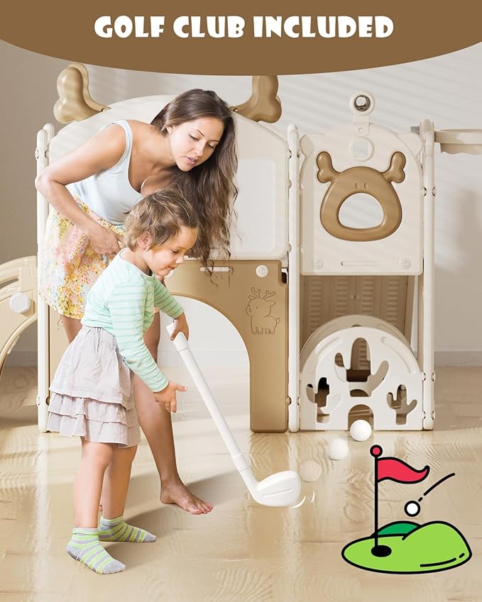 XJD Toddler Slide,12 in 1 Kids Slide for Toddlers 1-3, New Upgrade with Golf Set, Basketball Hoop, Drawing Board for Indoor Outdoor Playset,Toddler Playground (Brown)