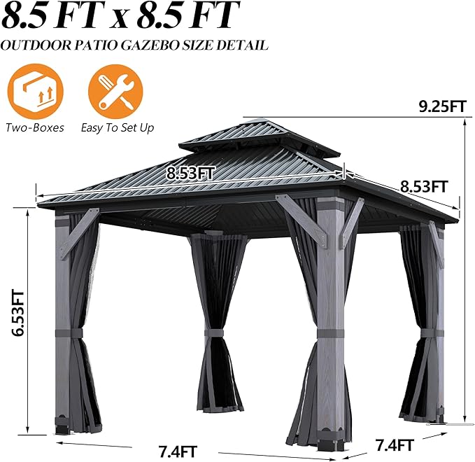 GARTOO 8.5' x 8.5' Outdoor Wood Gazebo - Permanent Wooden Hardtop Gazebo Pavilion with Double Curtains, Galvanized Steel Roof Cedar Wood Gazebos for Poolside, Backyard Deck, Garden, Lawn