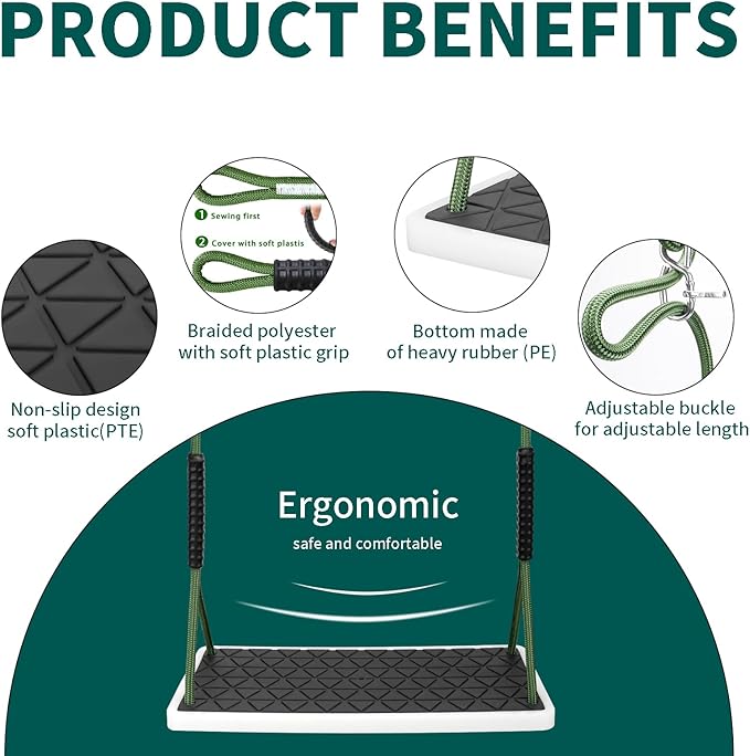 Heavy Duty Swing Seat Non-Slip with Tree Rope Adjustable Swing Set Accessories Replacement for Kids Outdoor Backyard Playground Jungle Gym£¬Black