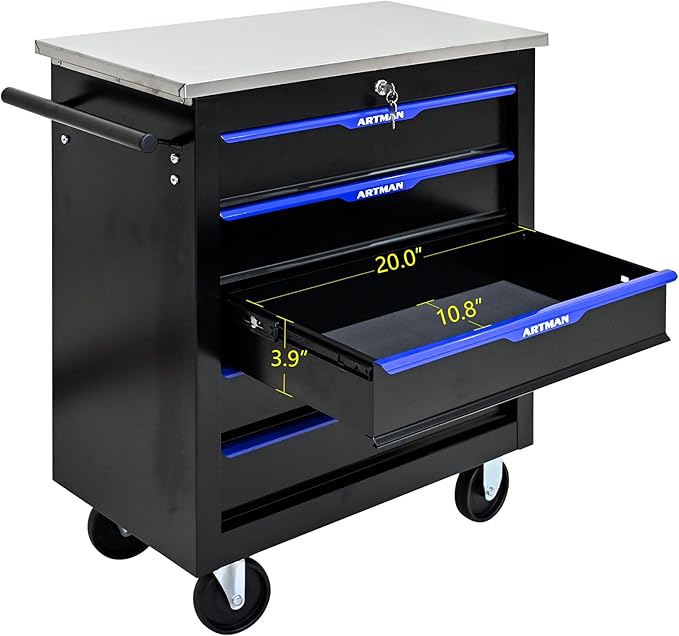 RYH 4/5/6/7 Drawers Rolling Tool Chest -Heavy Duty Mobile Metal Tool Box with Locking Wheels, with Stainless Steel Worktop, Garage Tool Storage Cabinet (Black-Blue, 5-Drawers 30.7 H¡¿25.9 W)