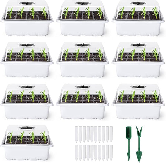 Delxo 10 Pack Seed Starter Kit with Humidity Domes - 120 Cells Seedling Trays with Adjustable Vents & Base - Reusable Plant Germination Trays for Seed Starting - Includes Plant Tags & Garden Tools