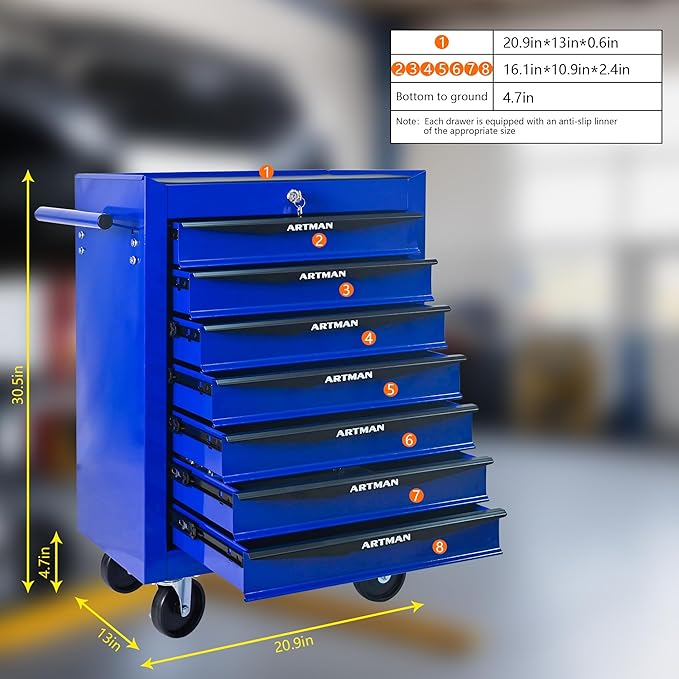 RYH 7 Drawers Rolling Tool Chest - 13 D x 20.9 W x 30.5 H Heavy Duty Mobile Tool Cart with Locking Wheels & Ball Bearing Drawers, Garage Tool Storage Cabinet (Blue, 7 Drawers)