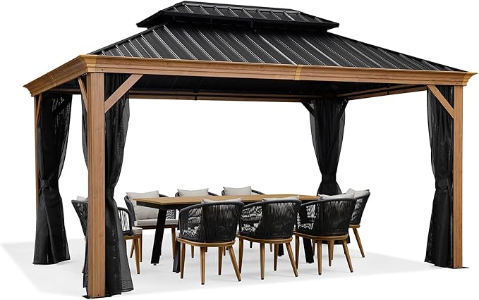 PURPLE LEAF 10' X 14' Outdoor Hardtop Gazebo for Patio Galvanized Steel Double Roof Permanent Canopy Teak Finish Coated Aluminum Frame Pavilion Gazebo with Netting