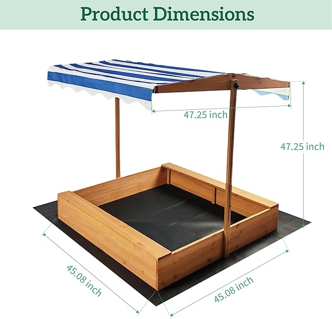 Kids Wooden Sandbox with Adjustable Canopy & Sand Protection Liner ? Large Outdoor Sandpit for Ages 3-8, Backyard/Garden Play Shelter