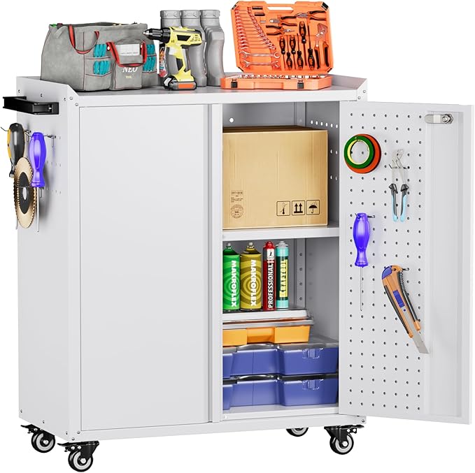 Aobabo Metal Garage Storage Cabinet on Wheels,2 Doors Storage Cabinet with Wheels for Garage,Assembly Required,White