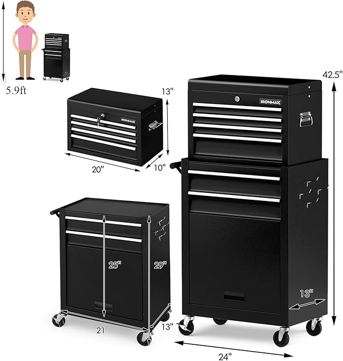 IRONMAX Rolling Tool Chest, 6-Drawer Lockable Tool Cabinet w/ 4 Universal Wheels, 2 in 1 Detachable Tool Box Storage Organizer for Garage Workshop Repair Shop (6-Drawer, Black)