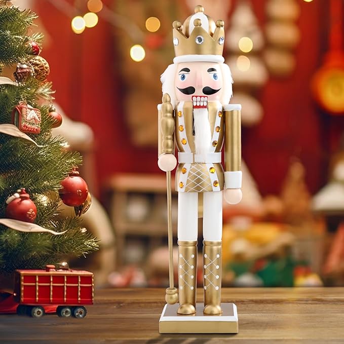 Christmas Nutcrackers Figure 15Inch 1PCS Wooden Nutcracker Ornament Nutcracker Christmas Decoration Figures for Desktop Home Decor Kids Gift Gold