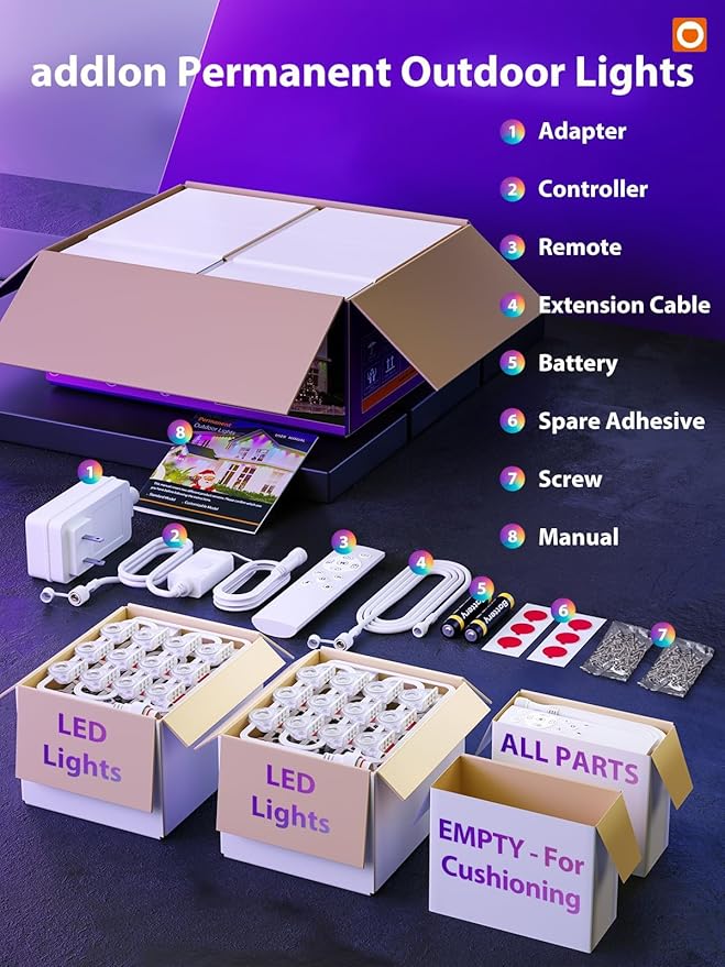 addlon Permanent Outdoor Lights, RGB+IC Color-Changing LED House Lighting with App & Remote, Christmas Light Effects, IP67 Weatherproof Outdoor Lights for Holidays & Christmas Decorations, 200FT