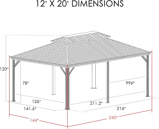 Kozyard Alexander 12' X 20' Hardtop Permanent Aluminum Metal Gazebo with Galvanized Steel Double Roof Canopy, Curtain and Netting Pavilion for Patio, Backyard, Deck, Lawn (Gray)