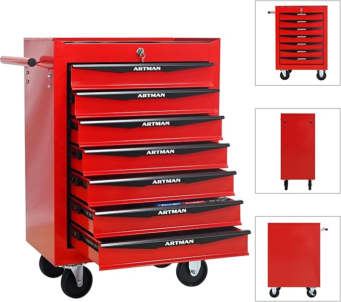 RYH 7 Drawers Rolling Tool Chest - Heavy Duty Mobile Tool Cart with Locking Wheels & Ball Bearing Drawers,30.5 H x 20.9 W x 13 D Garage Tool Storage Cabinet (Red, 7 Drawers)