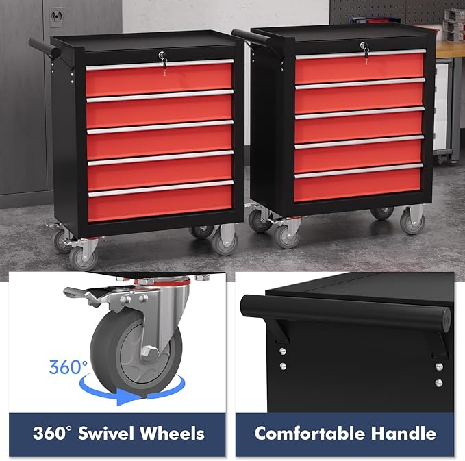 5-Drawer Tool Chest,Rolling Tool Cart with Wheels,High Capacity Tool Cabinet with Locking System for Garage, Warehouse, Workshop-Black&Red