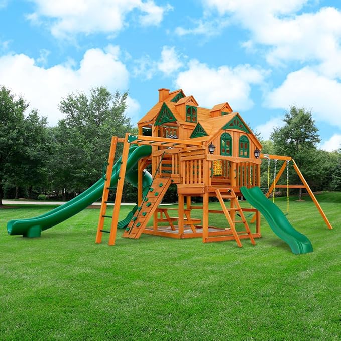 Gorilla Playsets 01-0089-AP Empire Wood Swing Set with 3 Play Decks, 3 Slides, and Monkey Bars, Brown