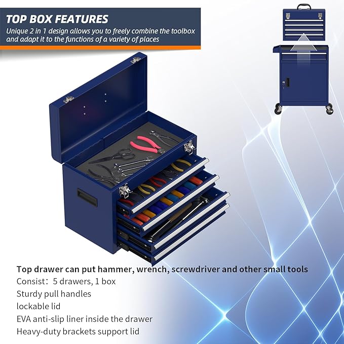 5-Drawer High Capacity Rolling Tool Box, Removable Cabinet Storage Tool Chest with Wheels and Drawers, Detachable Toolbox with Lock for Mechanics Garage Workshop and Tool Room (Blue)