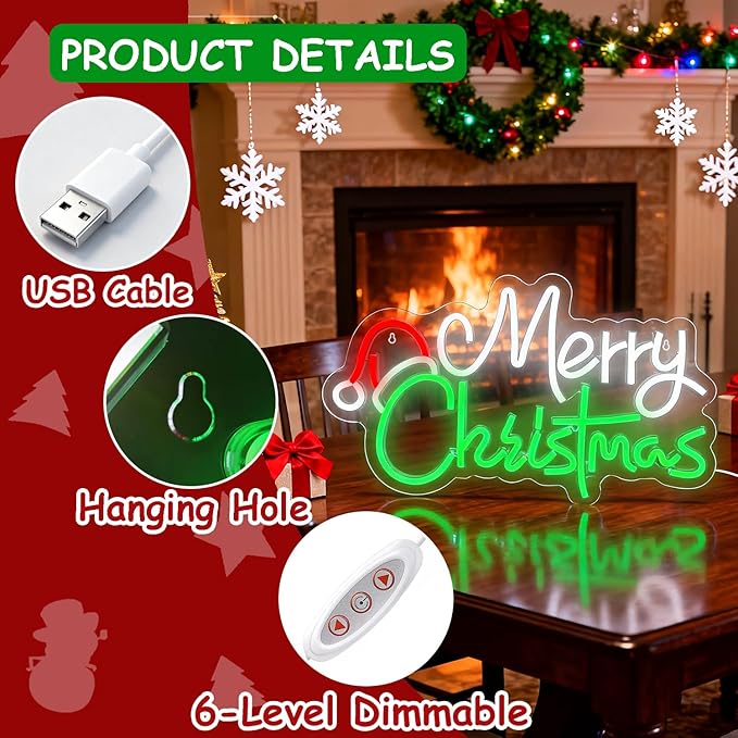 Merry Christmas Home Decor Santa Hat Neon Sign Led Neon Christmas Lights Ornaments Tree Decorations Outdoor Neon Signs for Wall Decor USB Powered Led Neon Signs for Room Decoration
