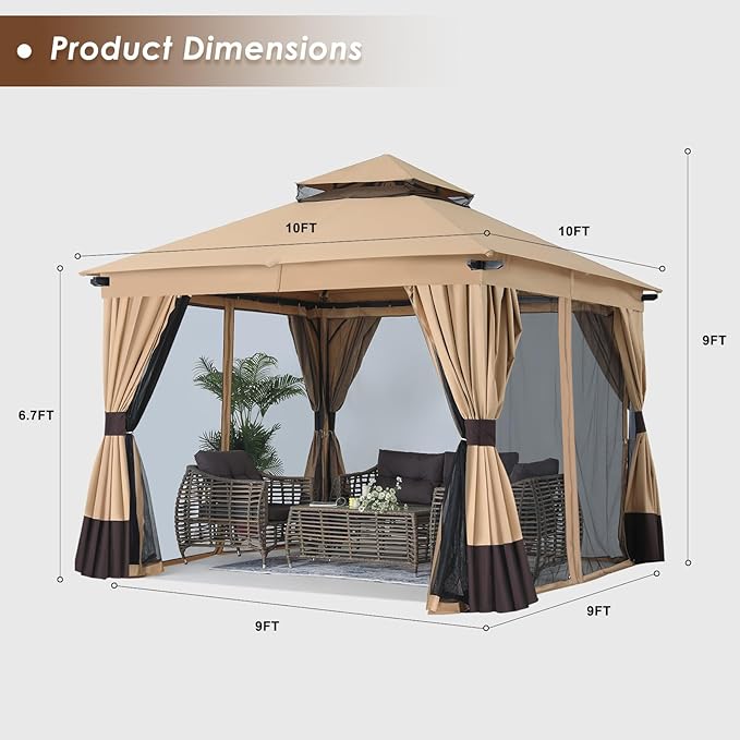 MASTERCANOPY 10x10FT Outdoor Patio Gazebo with Double Roofs, Mosquito Netting and Privacy Screens for Backyard, Garden, Lawn, Beige