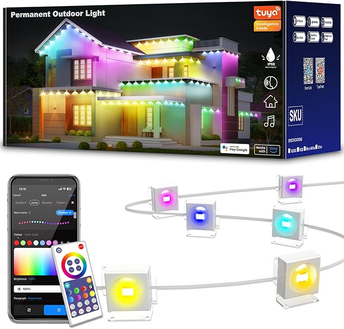 150ft Permanent Outdoor Lights with 90 LEDs, IP68 Waterproof Smart RGB+IC LED Christmas Light with 75 Scene Modes, Holiday Lights for Christmas Halloween, Work with Wi-Fi, Alexa & Google Assistant