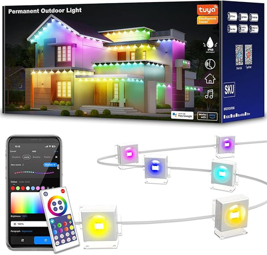 150ft Permanent Outdoor Lights with 90 LEDs, IP68 Waterproof Smart RGB+IC LED Christmas Light with 75 Scene Modes, Holiday Lights for Christmas Halloween, Work with Wi-Fi, Alexa & Google Assistant
