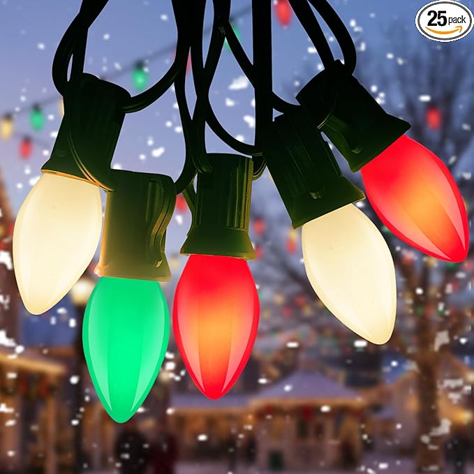 C7 LED Red White and Green Christmas Lights,25ft Vintage Ceramic Christmas String Light with 27 Multicolor LED Bulbs(2 Spare),Outdoor Hanging Lights for Garden House Xmas Garland Tree Decor