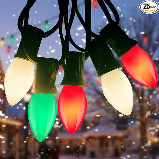 C7 LED Red White and Green Christmas Lights,25ft Vintage Ceramic Christmas String Light with 27 Multicolor LED Bulbs(2 Spare),Outdoor Hanging Lights for Garden House Xmas Garland Tree Decor