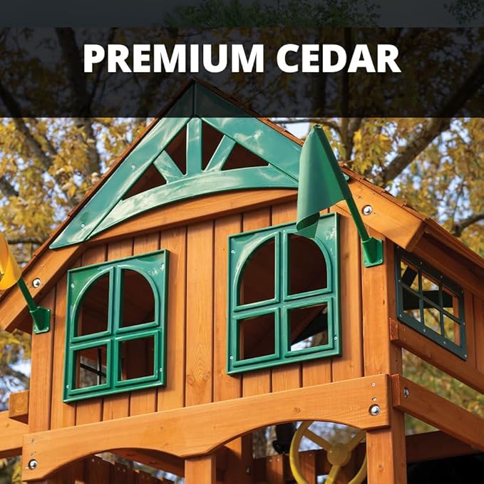 Gorilla Playsets 01-1063-GREY Outing Wood Swing Set with Wood Roof, Climbing Wall, Swings, and Grey Slide, Amber