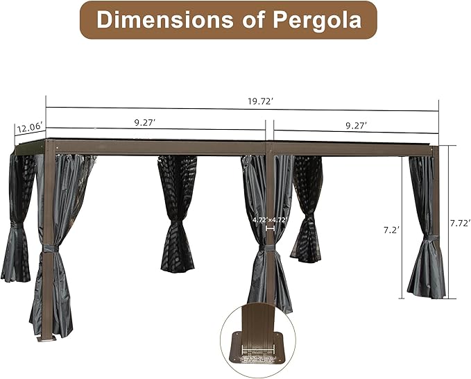 Domi 12x20FT Louvered Pergola, Full Aluminum Pergola with Adjustable Louvered Roof, Outdoor Pergola with Waterproof Curtains and Netting, Dark Brown