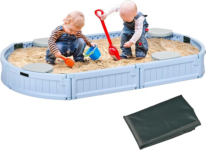 Outsunny Kids Outdoor Sandbox with Cover Garden Bed Sand Pit, Easy Assembly Children's Oval Sandbox for Backyard, Light Blue, 72 x 41.25 x 8.75
