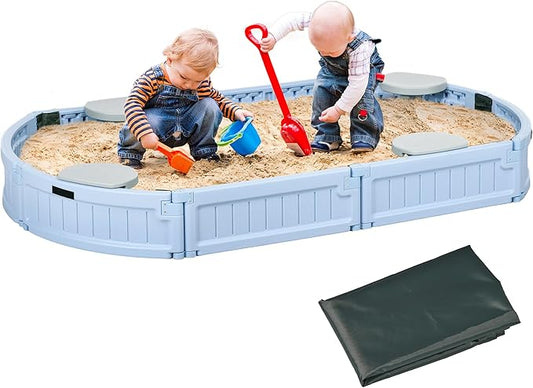 Outsunny Kids Outdoor Sandbox with Cover Garden Bed Sand Pit, Easy Assembly Children's Oval Sandbox for Backyard, Light Blue, 72 x 41.25 x 8.75