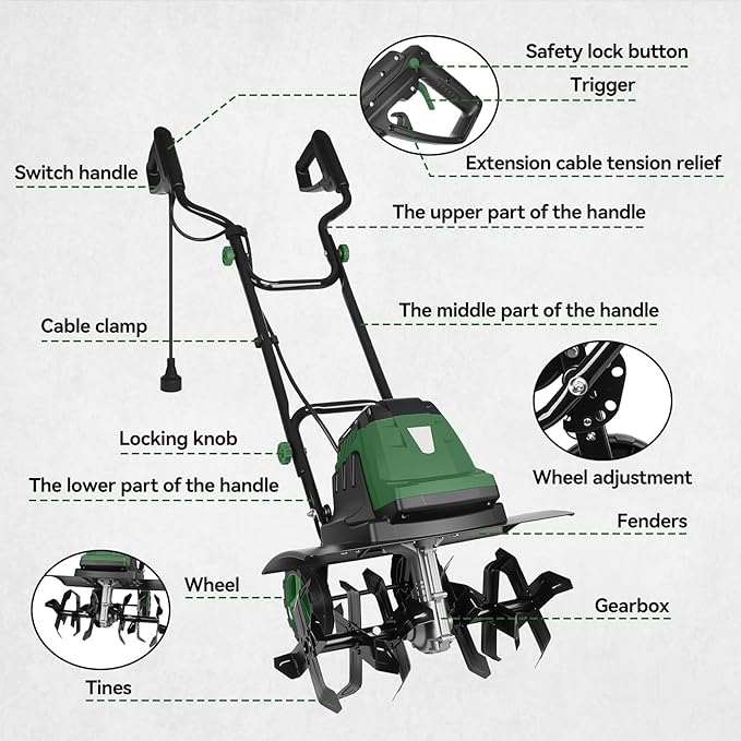 18-Inch Electric Tiller Cultivator, LAZYLAND 15A 380RPM Corded Rototiller with 9-Inch Tillling Depth, 6X4 Steel Tines for Garden/Lawn/Yard/Soil Aeration/Soil Cultivation