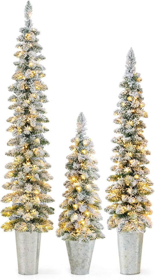 GOFLAME Set of 3 Pre-Lit Potted Christmas Trees, Snow Flocked Pencil Christmas Tree Set 3Ft, 4Ft and 5Ft with Warm White LED Lights, Timer, Holiday Decoration Tree for Home Party