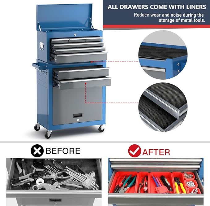 Tool Chest 8-Drawer | 42'' Large Rolling Tool Chest with Wheels | Detachable Top Metal Tool Box | Garage Storage Cabinet for Repair Room,Warehouse | Rolling Tool Box with Hooks,Liners,Tray Divider