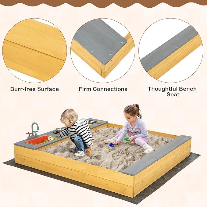 Costzon Kids Sandbox, Wooden Sand Pit w/Kitchen Playset Accessories, Water Faucet, Built-in Bench Seat & Bottom Liner, Outdoor Sand Box for Kids 3-8 Backyard Garden Bench