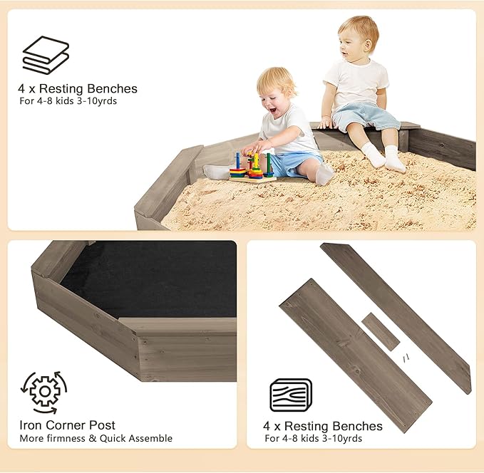 Wooden Octagonal Sandbox with Cover, Outdoor Sandpit with 4 Bench Seats, Sand Box for Children, Beach for Backyard, Patio, Garden (Coffee)