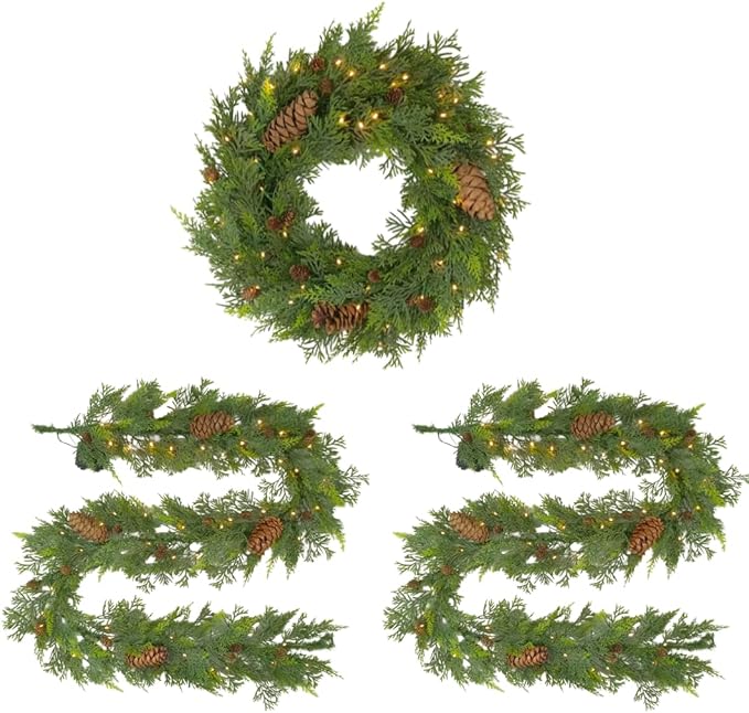 Natural Cedar Set : 1 24 inch Wreath 2 Pieces of 8 ft Garland; Mixed Greenery, Cedar, and Real Pinecones, Battery Operated, Indoor Outdoor Holiday Decor