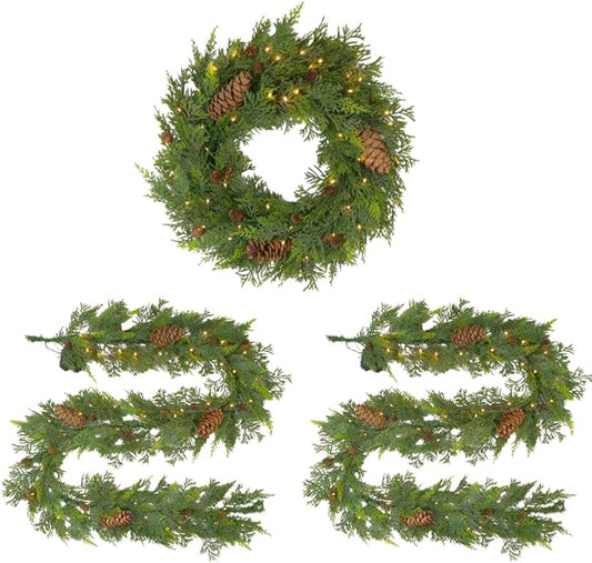 Natural Cedar Set : 1 24 inch Wreath 2 Pieces of 8 ft Garland; Mixed Greenery, Cedar, and Real Pinecones, Battery Operated, Indoor Outdoor Holiday Decor