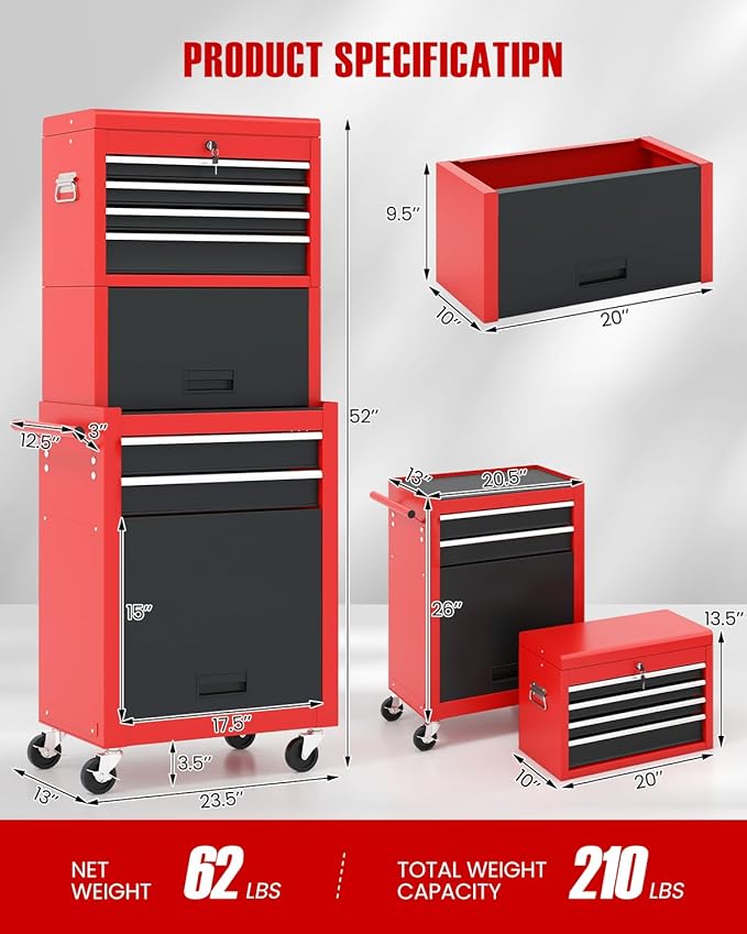 ARNOT 2-in-1 Rolling Tool Chest with 5 Drawers, Heavy-Duty Metal Tool Box with Wheels, Detachable Top Tool Box & Rolling Tool Cabinet for Garage, DIY (6-Drawers Whith Middle Box, Red+Black)