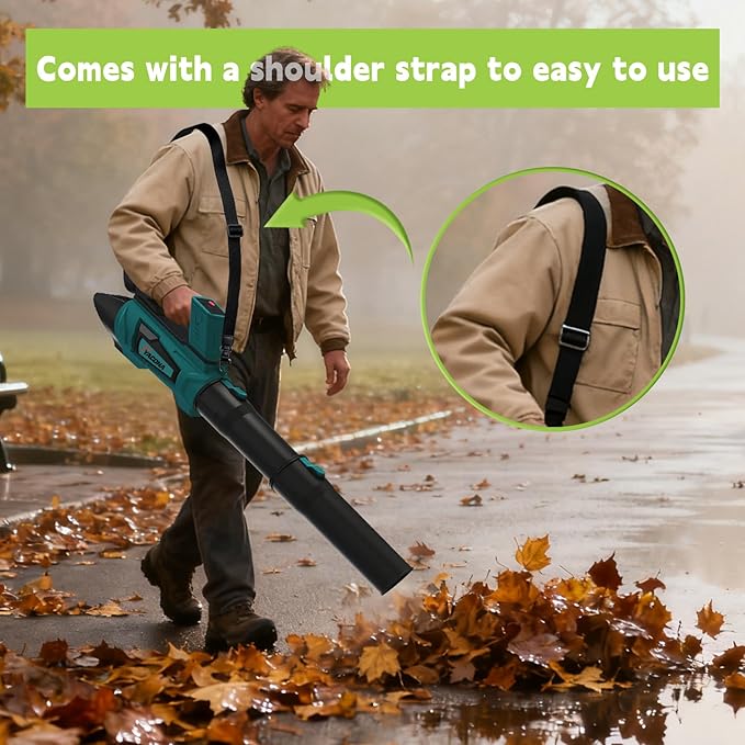 Leaf Blower Cordless Brushless with 6Ah Battery*2 and Charger, Strap, 21V Quiet 6-Speed Electric Leaf Blower with Display for Lawn Care, Leaves & Snow(Blue)