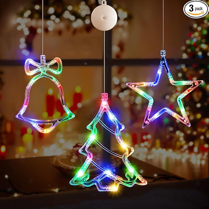 3Pack Christmas Window Lights Decorations with Timer, Battery Powered Multicolor LED Sucker for Xmas Tree Fireplace Indoor Decor