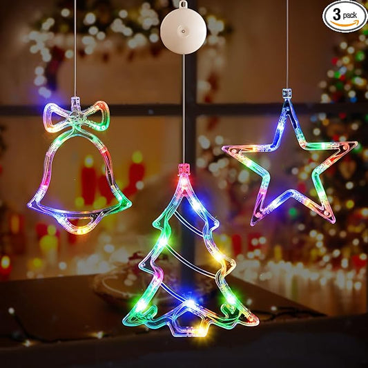 3Pack Christmas Window Lights Decorations with Timer, Battery Powered Multicolor LED Sucker for Xmas Tree Fireplace Indoor Decor