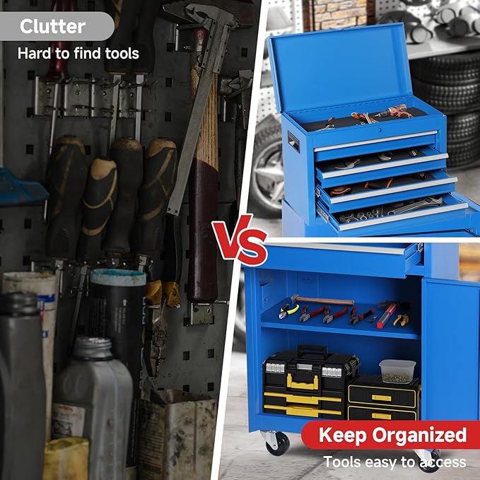 Rovibek Rolling Tool Chest, 5-Drawer Rolling Tool Box on Wheels, Metal Tool Chest with Foam Packaging, Lockable Wheels, Detachable Top Tool Box, Tool Storage Box for Garage Workshop Warehouse