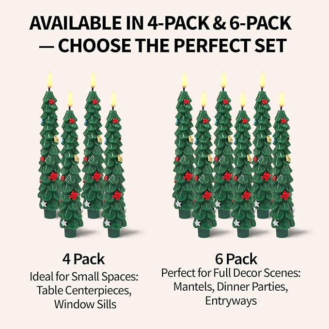 Flameless LED Christmas Tree Candles, 4 Pack – Battery Operated Holiday Decor with Realistic Tree Texture, Warm Flickering Light, Safe for Kids & Pets, Tabletop & Mantel Decorations