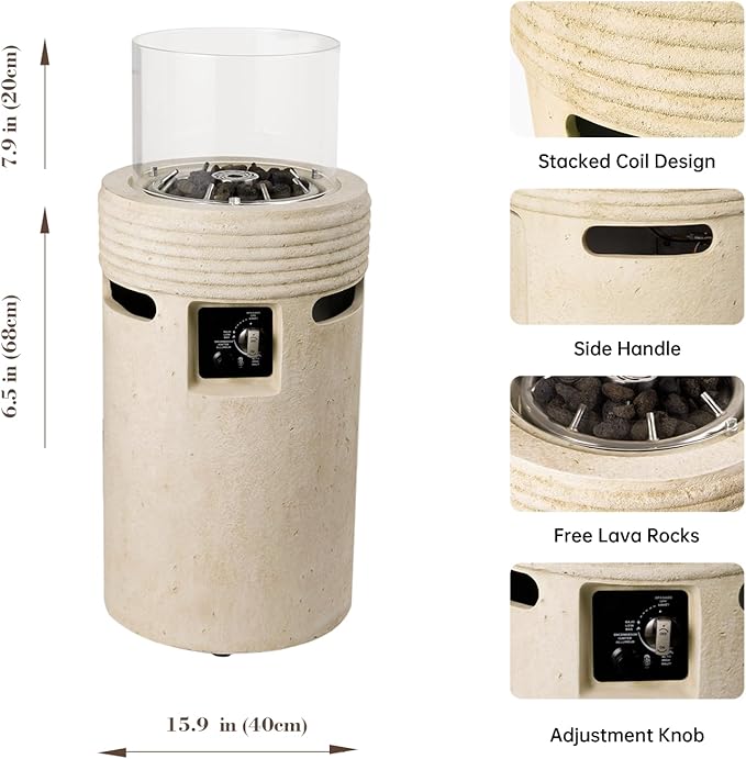 Outdoor Propane Fire Pit, 16 Propane Fire Column Patio Gas Fire Pit 50,000 BTU for Outside with Lava Rocks