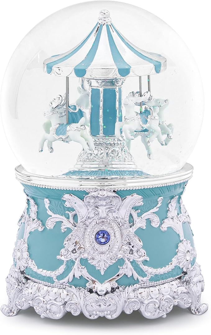 Carousel Music Box Moose Silver & Mint Christmas Snow Globes, 7.1" Rotate Carousel Snow Globe for Kids & Adults, Classic Wind up Musical Snow Globe Birthday Gifts for Women Girls, Carousel Home Decor