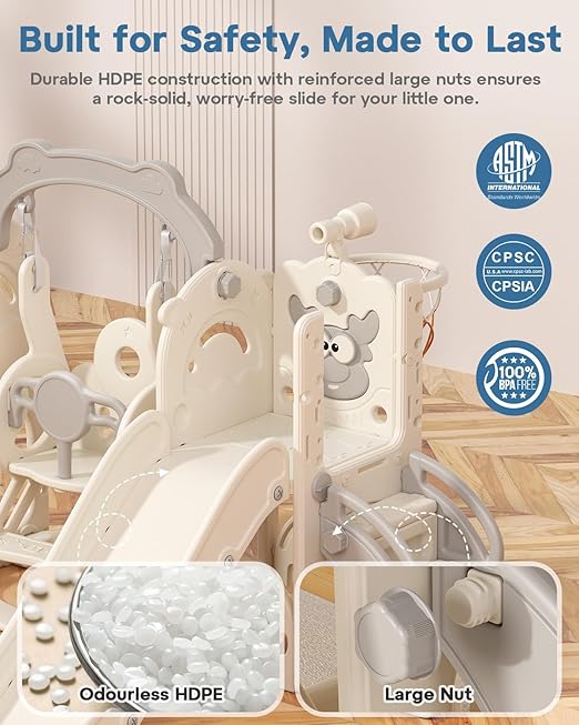 BIERUM Toddler Slide and Swing Set, 7-in-1 Indoor Outdoor Toddler Playset with Climber, Basketball Hoop & Golf Toys, Playground for Kids Ages 1+, Cream&Gray