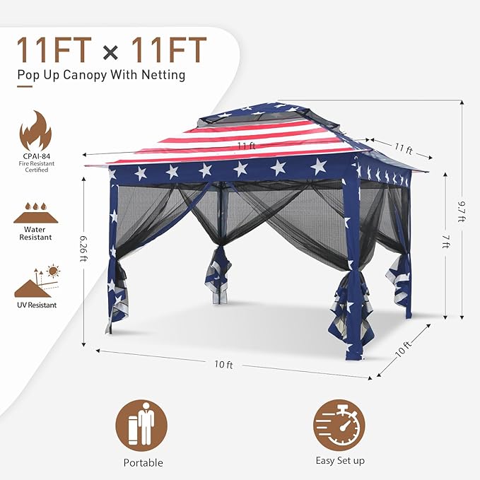 COOS BAY 11x11 Pop Up Gazebo with Mesh Netting, Instant Outdoor Canopy Tent, Water Resistant Shelter with UPF 50+ UV Protection, 121 Sq Ft Coverage, American Flag
